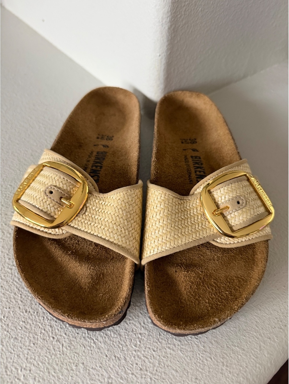 Birkenstock Madrid Big Buckle Raffia Sandals New 38